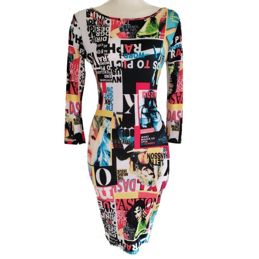 Symphony - 80's Punk Era Style Graphic Printed BodyCon Stretchy Colorful Dress - Picture 2 of 11